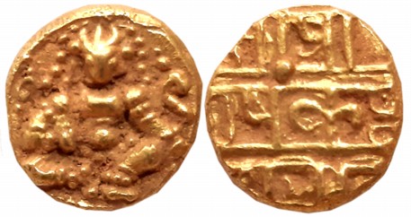 Vijaynagar Empire, Krishnadevraya, Gold Varaha- Hon, 3.38g, Obv: Lord Balakrishna seated f