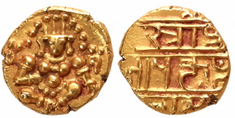 Vijaynagar Empire, Krishnadevraya, Gold Varaha- Hon, 3.38g, Obv: Lord Balakrishna seated f