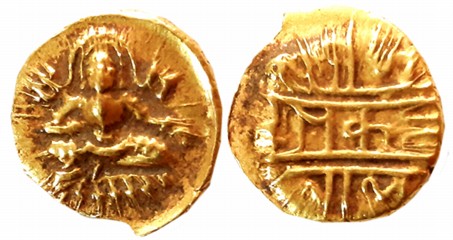 Vijaynagar Empire, Krishnadevraya, Gold 1/2 Varaha, 1.69g, Obv: Lord Bala Krishna seated f