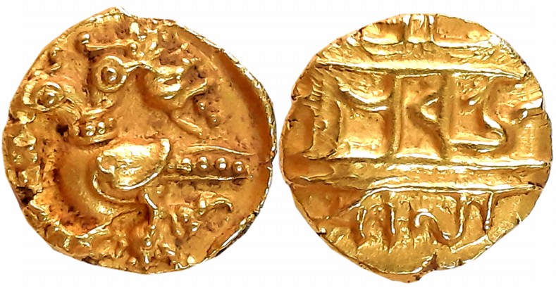 Vijaynagar Empire, Achyutadevaraya, Gold 1/2 Varaha, 1.70g, “Gandabherunda” type, Obv: Two