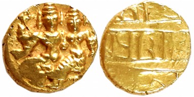 Vijaynagar Empire, Sadashivraya, Gold 1/2 Varaha, 1.70g, Obv: Lord Vishnu with Goddess Lax