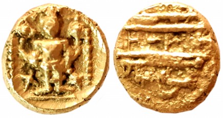 Vijaynagar Empire, Srirangaraya I, Gold Varaha- Hon, 3.42g, Obv: Lord Venkateshwara standi