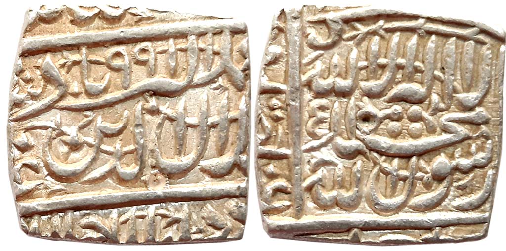 Akbar Silver Square Rupee, 11.43g, “Kalima” type, Dar ul Sultanate Ahmedabad Mint, AH 991 