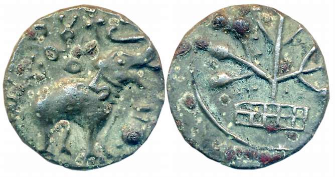 Satavahanas, Siri Satakarni, Nasik Region, Potin, 3.66g, Obv: Elephant walking right, Ujja