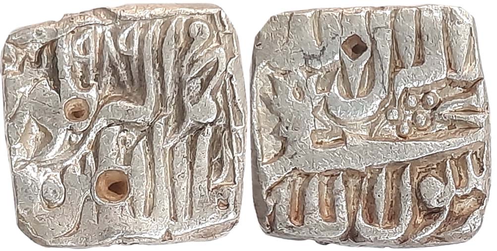 Akbar, Silver Square Rupee, 11.16g, Bang type, AH 989 (KM# A86.1). About very fine.