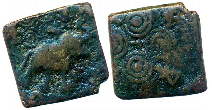 Satavahana, Siri Satakarni, Copper, 9.13g, Obv: Elephant walking right with trunk upraised