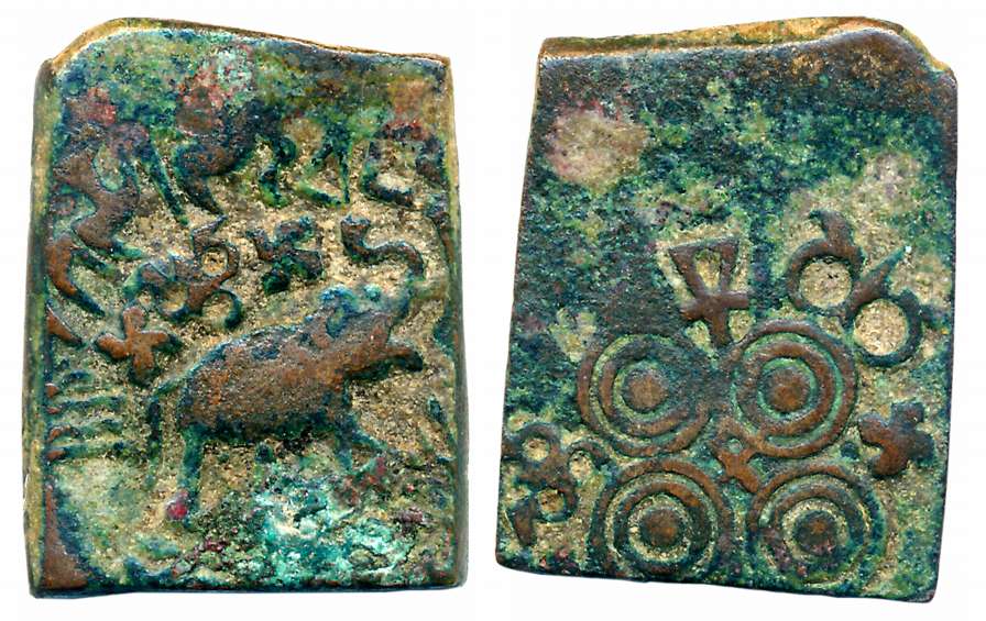 Satvahanas, Copper, 14.08g, Obv: Elephant with upraised trunk walking right towards a tree