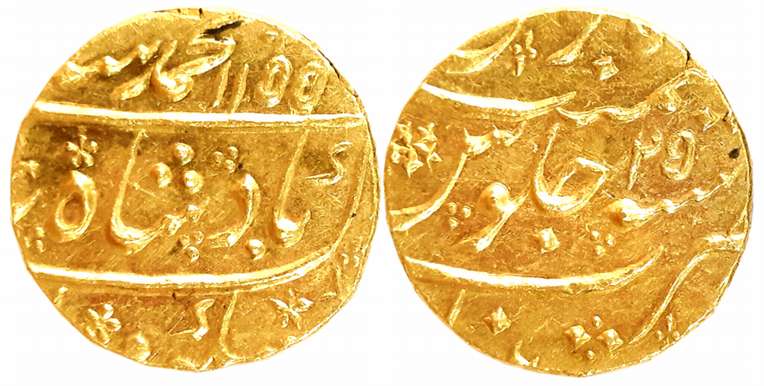 Muhammad Shah, Gold Mohur, 10.94g, Khujista Bunyad Mint, AH 1155/ RY 25 (Date not listed i