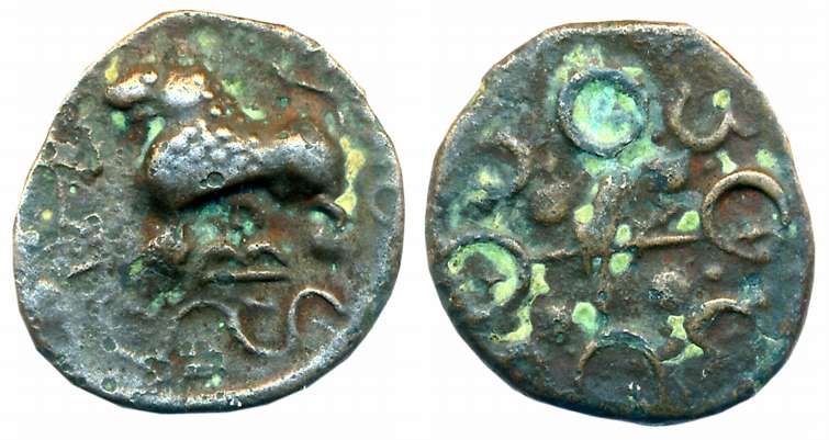 Satavahanas, Alloyed Copper, 4.18g, “Junnar Lion” Type, Obv: Lion standing to left with th