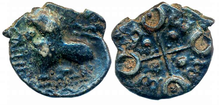 Satavahanas, Alloyed Copper, 3.81g, “Junnar Lion” Type, Obv: Lion standing to left with th
