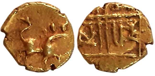 Sarabhoji I, Gold Fanam, 0.37g. Obv: Lion facing right with upraised tail. Rev: Devanagari