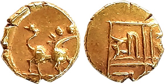 Sarabhoji I, Gold Fanam, 0.37g. Obv: Lion facing right with upraised tail. Rev: Devanagari