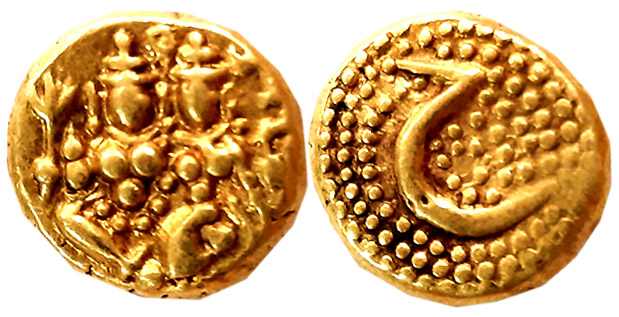 Haider Ali, Gold Pagoda- Hon, 3.41g, Obv: Lord Shiva Parvati seated, Rev: Persian letter “