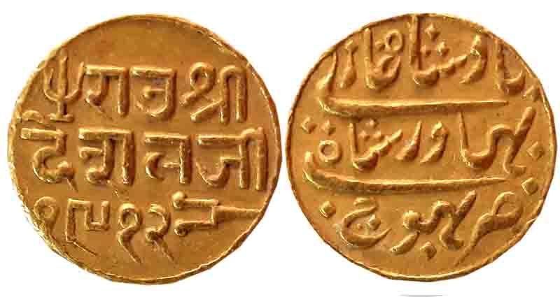 Rao Sri Desalji II, Gold 25 Kori, 4.67g, VS 1912, with the name of Bahadur Shah II (KM# C#