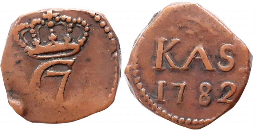 Christin VII, Copper 10 Cash, 6.25g, 1782, Obv: C7 Crowned, Rev: Value & date (KM# 165). V