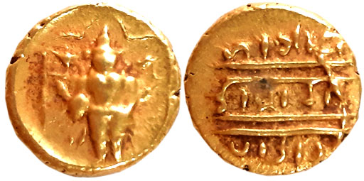 Gold 1/2 Pagoda, 1.73g, Pulicat, Obv: Lord Venkateshwara, standing within a decorated fram