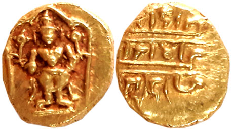 Gold 1/2 Pagoda, 1.72g, Pulicat, Obv: Lord Venkateshwara, standing within a decorated fram