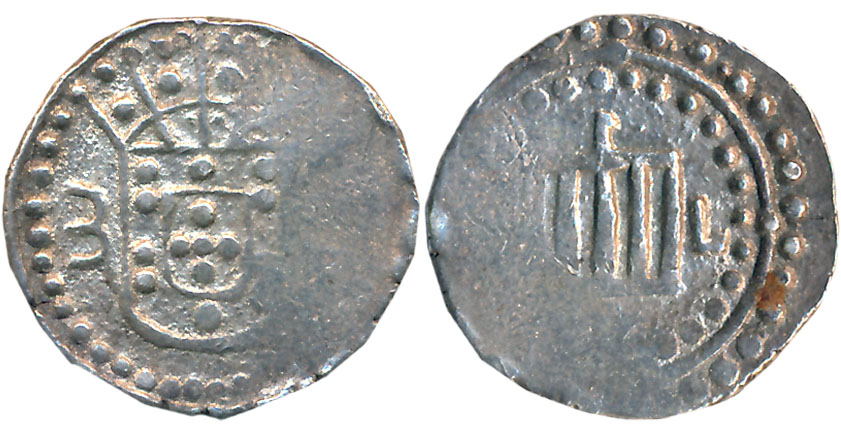 Ceylon, D. Filipe III, Silver 1 Tanga, 2.45g, 1631, Obv: Crowned arm within dotted circle,