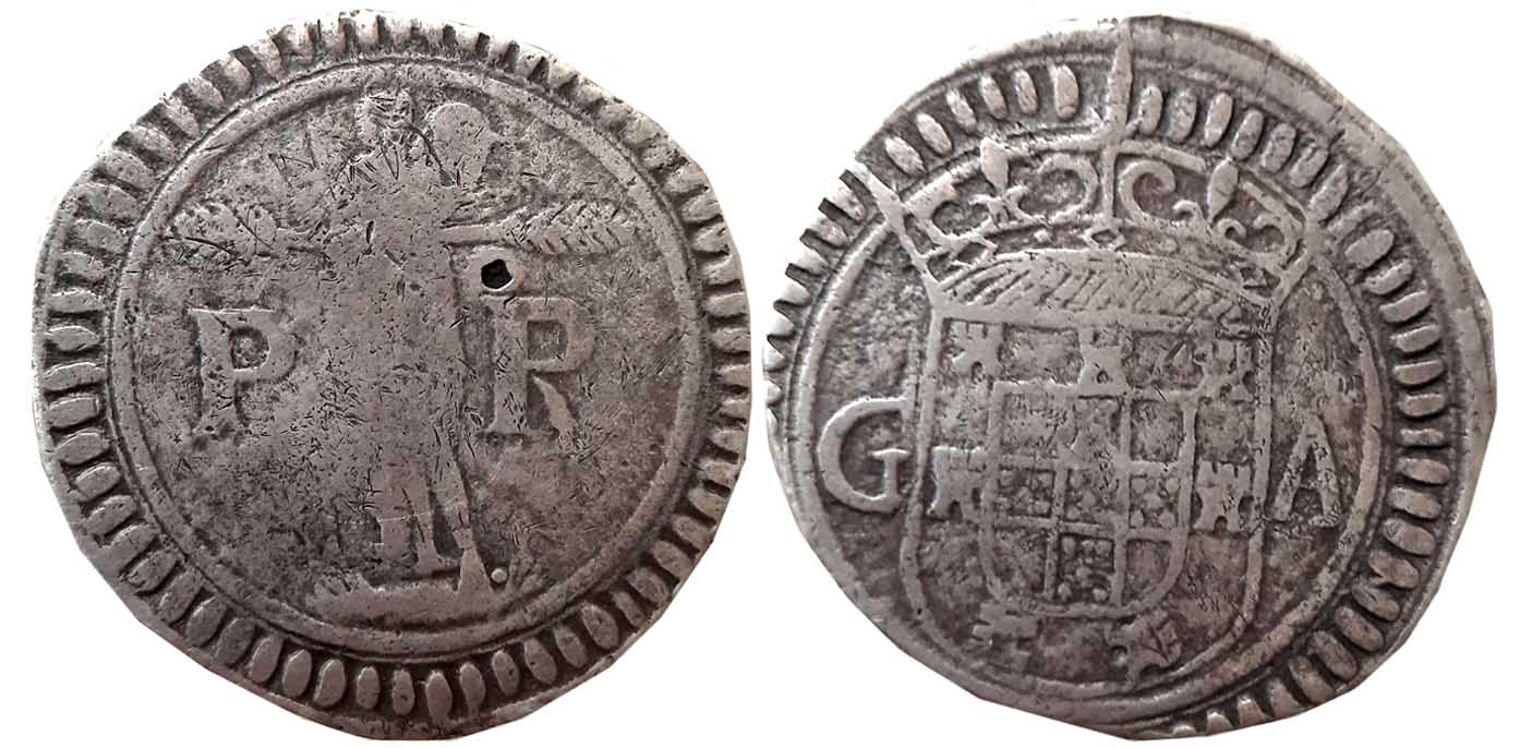 Goa, D Sebastiao, Silver 1 Bastião- 5 Tangas or 300 Reais, 19.5g, Obv: Crowned arms with l