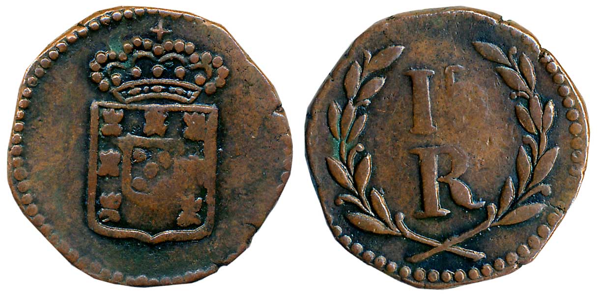 Goa, D. Maria II, Copper, 15 Reis- 1/4 De Tanga, 8.85g, Obv: Crown monogram, Rev: Value wi