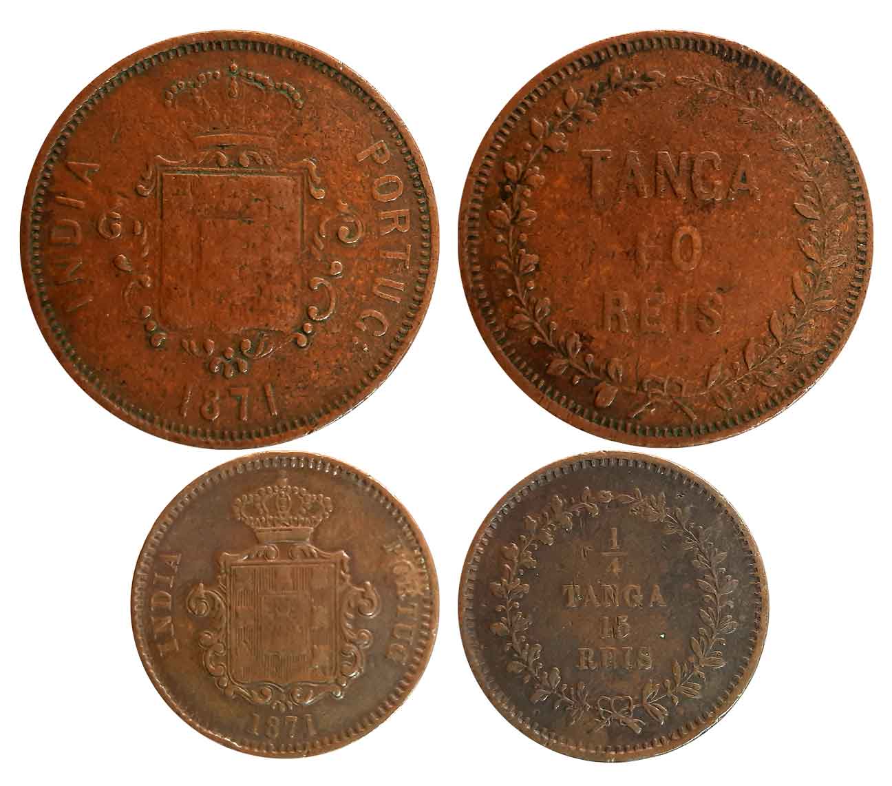 Luiz I, Copper (2), 60 Reis- Tanga & 1/4 Tanga- 15 Reis, 37.29g, 9.22g, 1871, Obv: Crowned