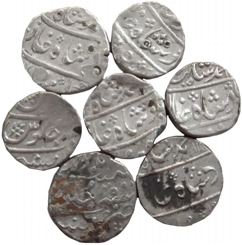 Silver Rupees (7), in the name of Muhammad Shah (6), RY 2, 5, 7, 17, 25, XX (KM# 163) & in