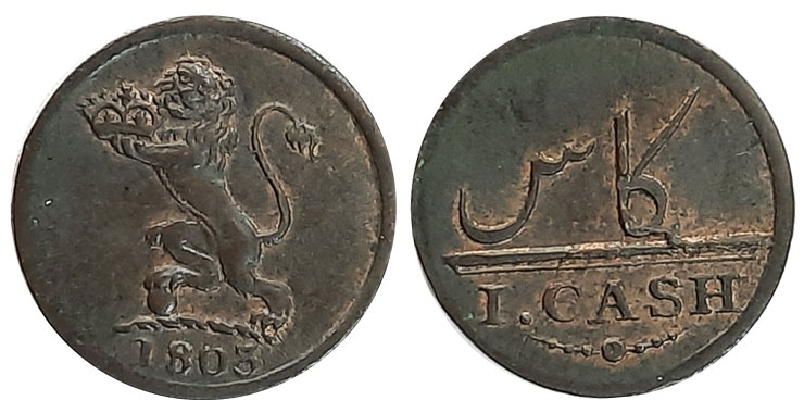 Copper, 1 Cash, 0.63g, Soho Mint, 1803, Obv: E.I.Co. Crest, Lion rampant to left, Rev: Val