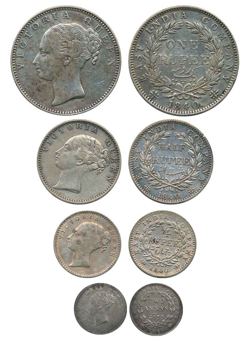 Victoria Queen, Complete set of 4 coins, Silver, Continuous legend, 1840, Rupee, 1/2 Rupee