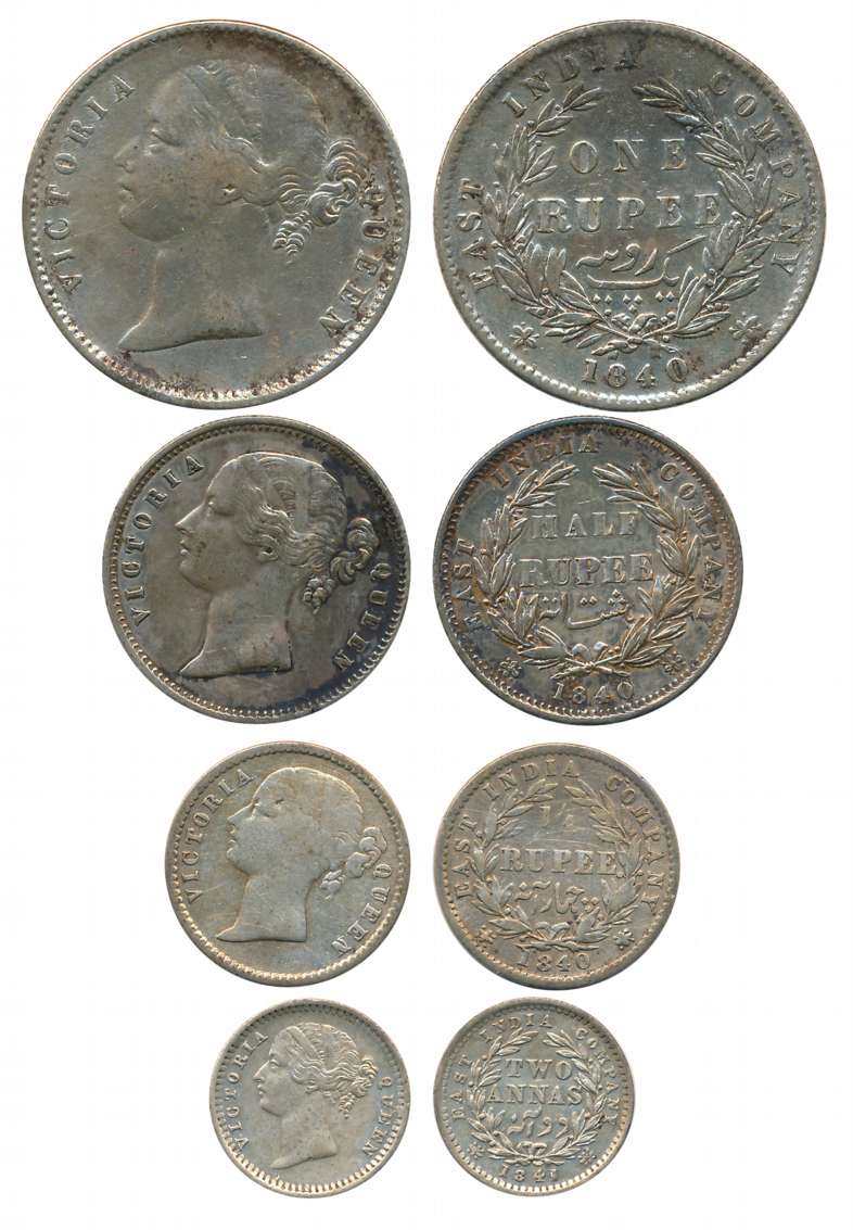 Victoria Queen, Complete set of 4 coins, Silver, Divided Legend, Rupee, 1/2 Rupee & 1/4 Ru