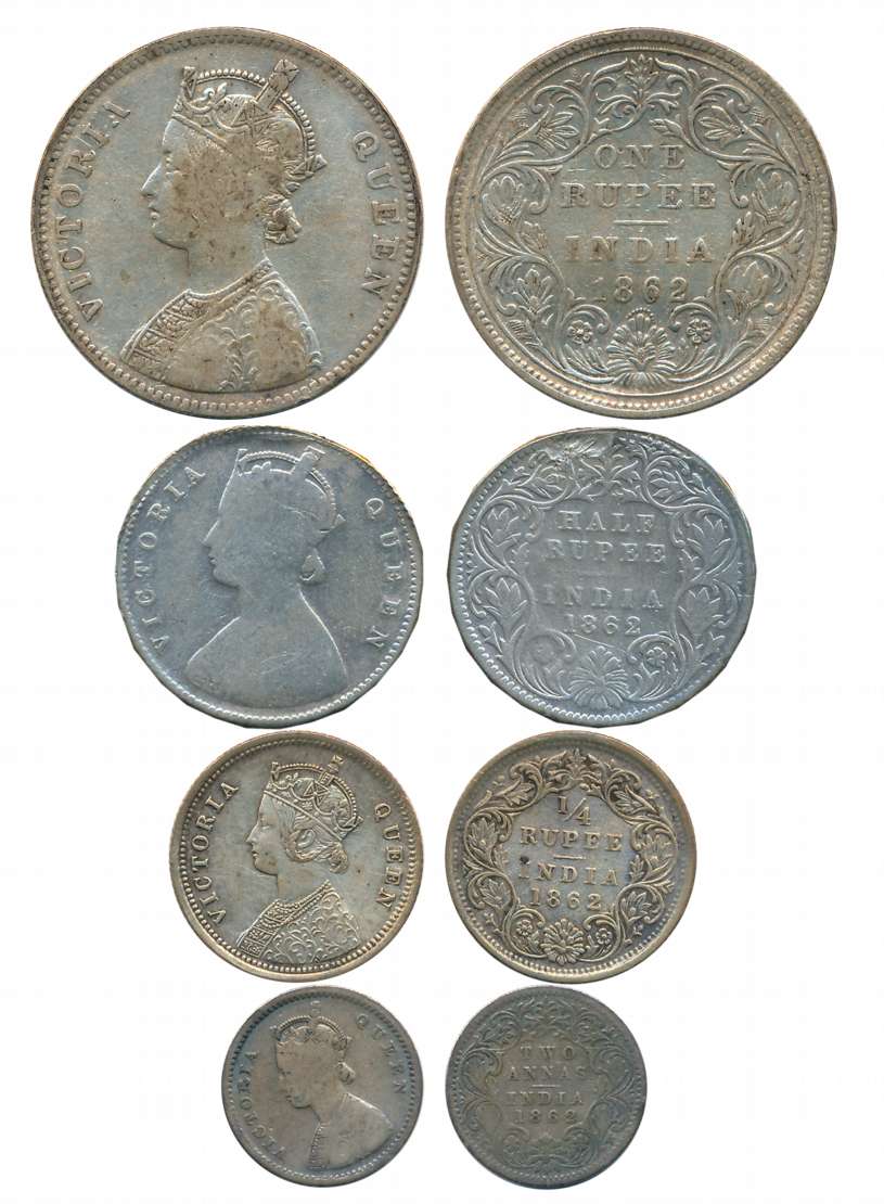 Victoria Queen, Complete set of 4 coins, 1862, Silver, Rupee, 1/2 Rupee (Remove from Hook)