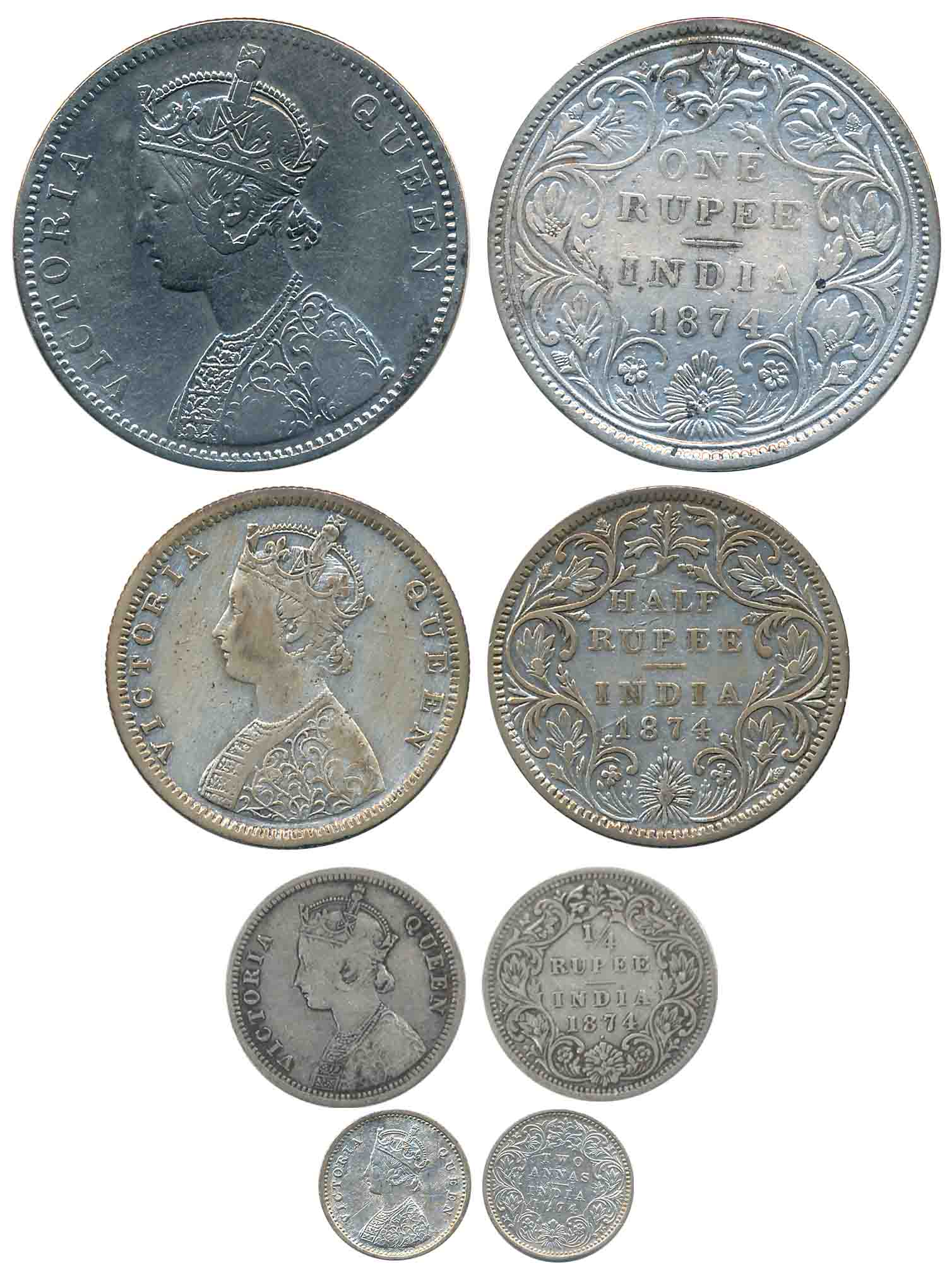 Victoria Queen, Set of 4 coins, 1874, Silver, Rupee, 1/2 Rupee, 1/4 Rupee & 2 Anna. About 