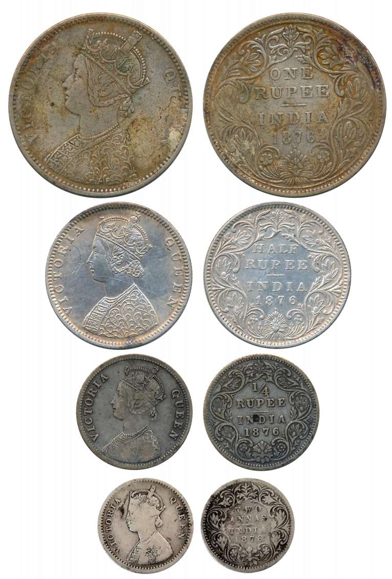 Victoria Queen, Complete set of 4 coins, 1876, Silver, Rupee, 1/2 Rupee, 1/4 Rupee & 2 Ann