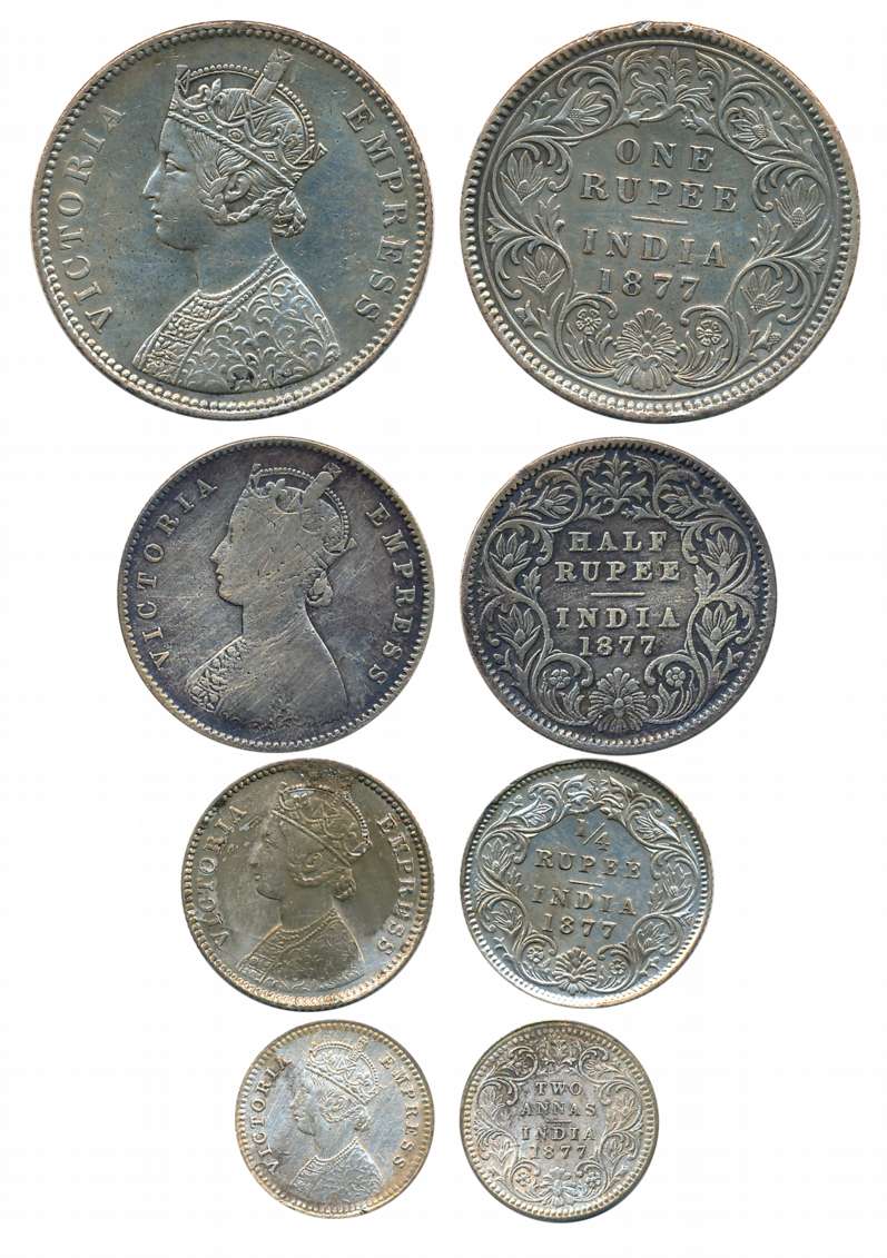 Victoria Empress, Complete set of 4 coins, 1877, Silver, Rupee, 1/2 Rupee, 1/4 Rupee (Remo