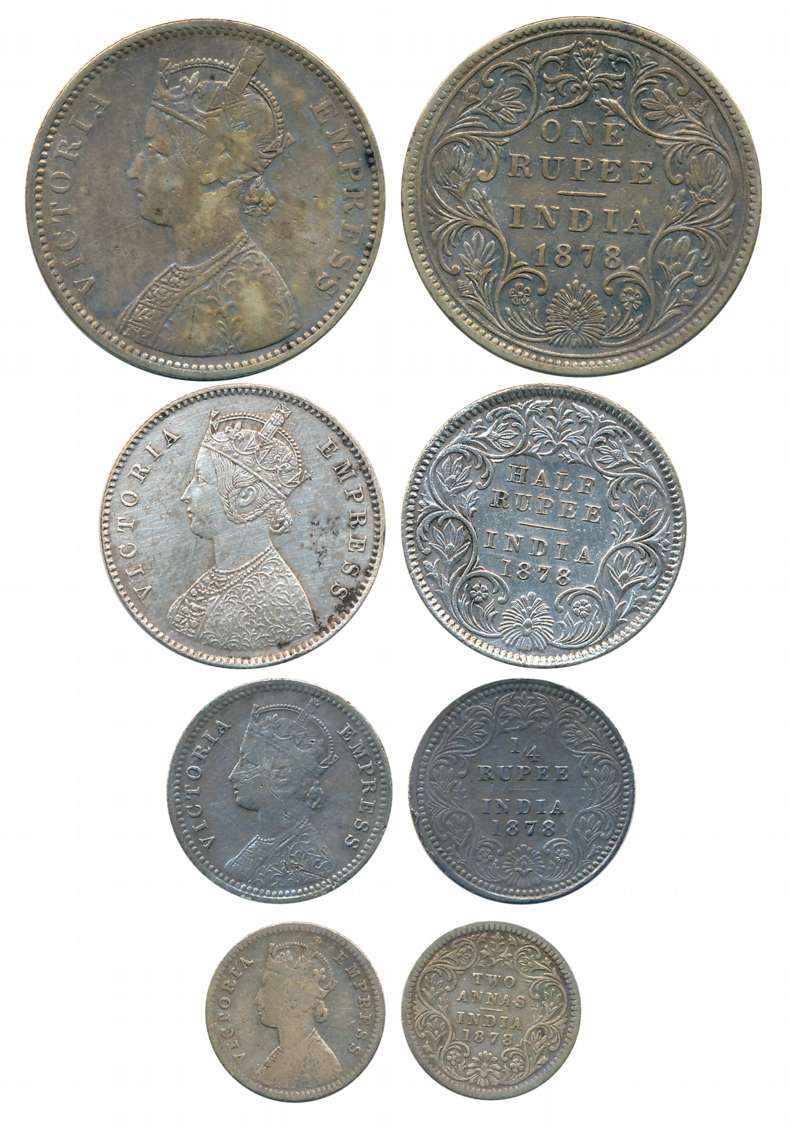 Victoria Empress, Complete set of 4 coins, 1878, Silver, Rupee, 1/2 Rupee, 1/4 Rupee & 2 A