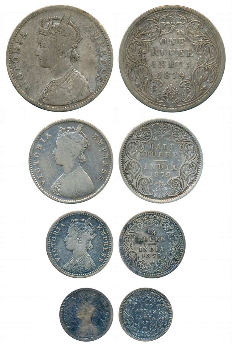 Victoria Empress, Complete set of 4 coins, 1879, Silver, Rupee, 1/2 Rupee, 1/4 Rupee & 2 A