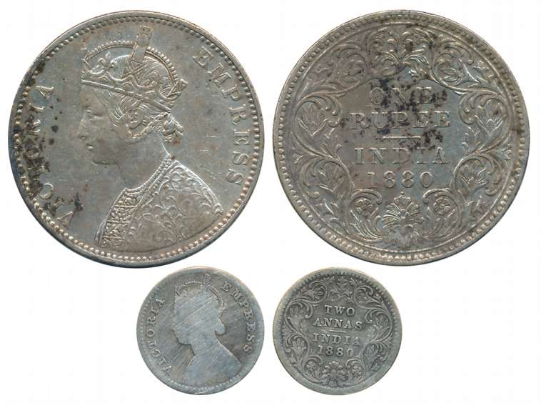 Victoria Empress, 1880, Silver (2), Rupee & 2 Anna. Fine to fine+. 2 coins.