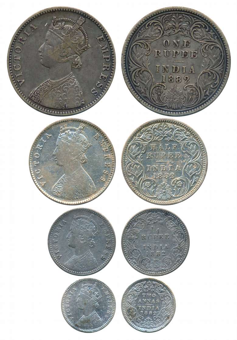 Victoria Empress, Complete set of 4 coins, 1882, Silver, Rupee, 1/2 Rupee, 1/4 Rupee & 2 A
