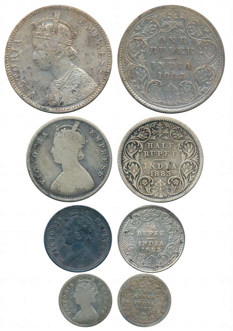 Victoria Empress, Complete set of 4 coins, 1883, Silver, Rupee, 1/2 Rupee, 1/4 Rupee & 2 A