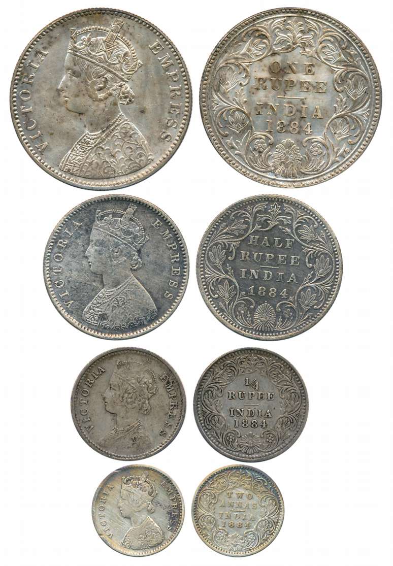 Victoria Empress, Complete set of 4 coins, 1884, Silver, Rupee, 1/2 Rupee,1/4 Rupee & 2 An