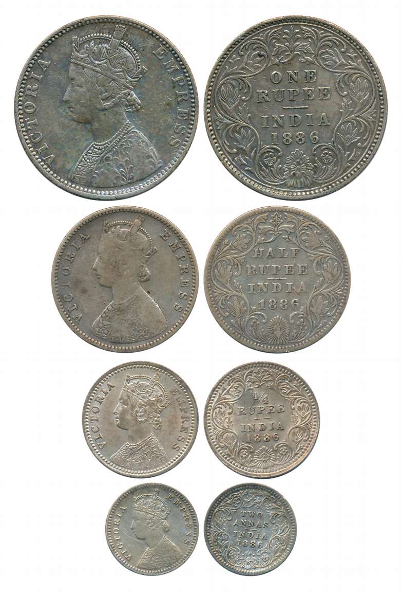 Victoria Empress, Complete set of 4 coins, 1886, Silver, Rupee, 1/2 Rupee, 1/4 Rupee & 2 A