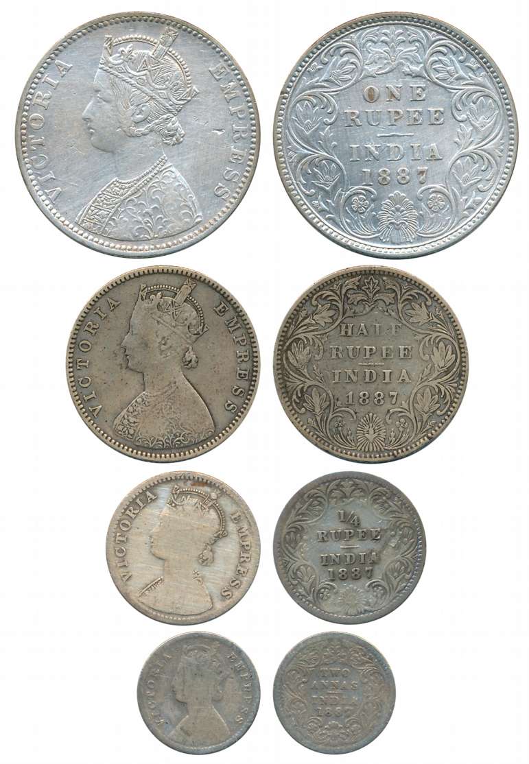Victoria Empress, Complete set of 4 coins, 1887, Silver, Rupee, 1/2 Rupee, 1/4 Rupee & 2 A