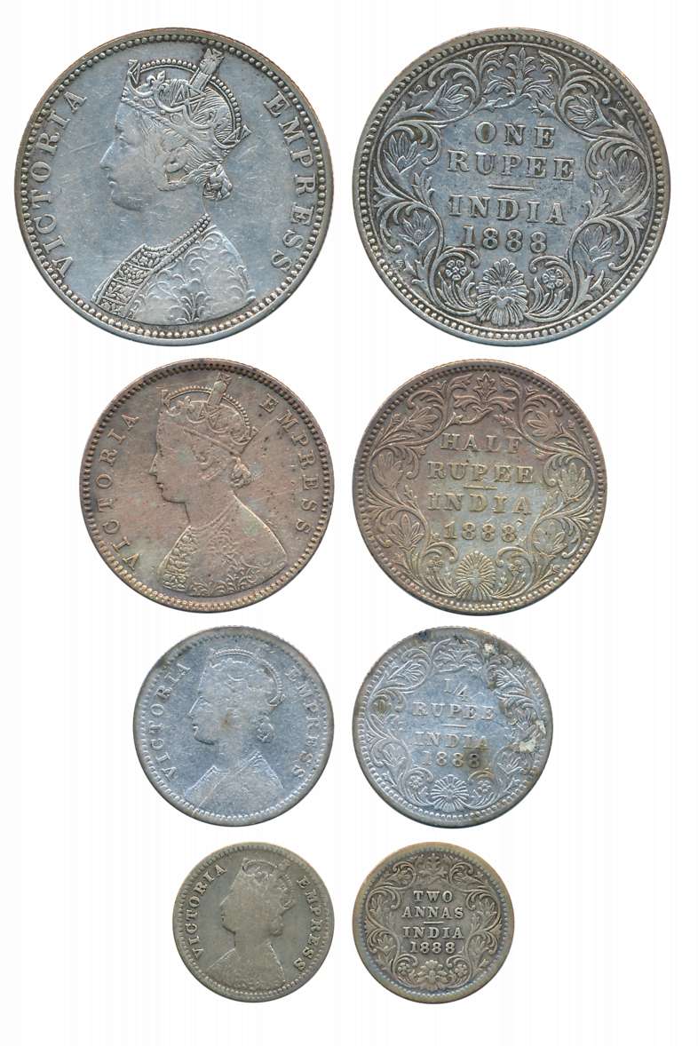 Victoria Empress, Complete set of 4 coins, 1888, Silver, Rupee, 1/2 Rupee, 1/4 Rupee & 2 A