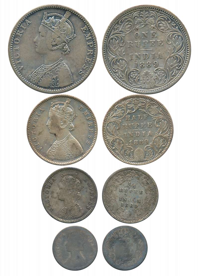 Victoria Empress, Complete set of 4 coins, 1889, Silver, Rupee, 1/2 Rupee, 1/4 Rupee & 2 A