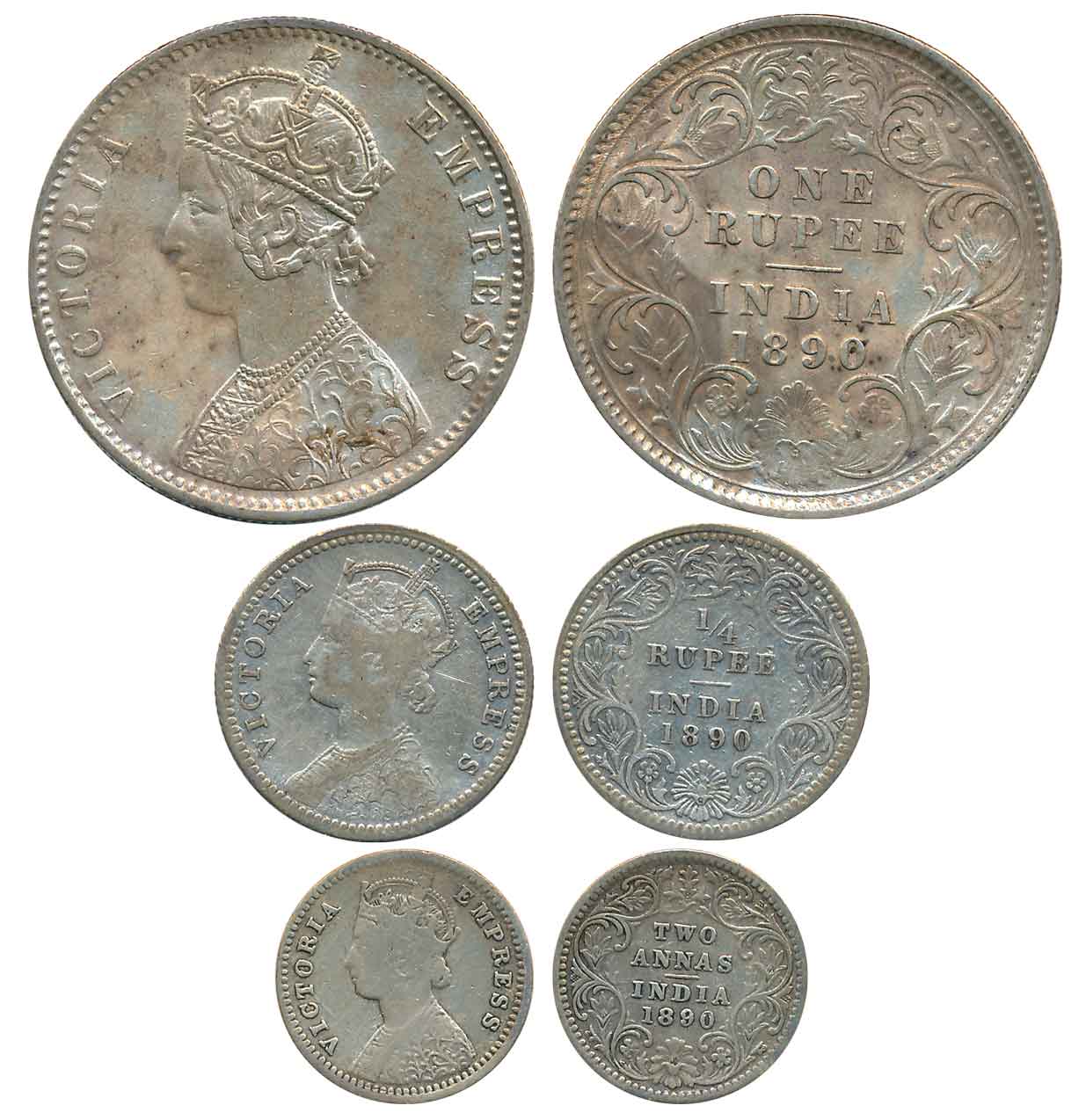 Victoria Empress, Complete set of 3 coins, 1890, Silver, Rupee, 1/4 Rupee & 2 Anna. About 