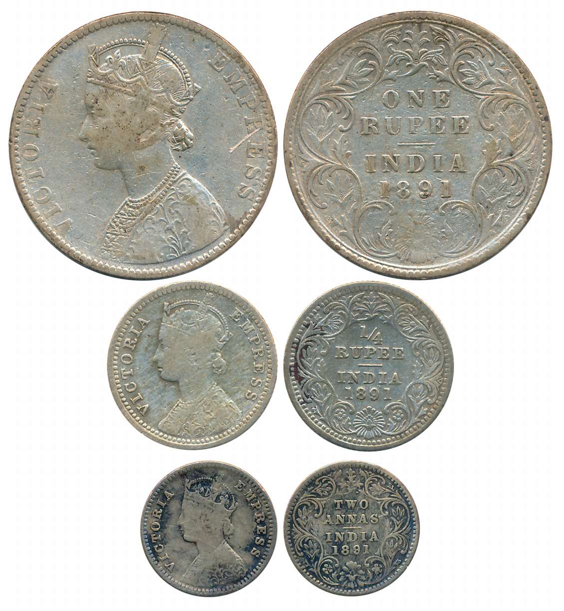 Victoria Empress, Complete set of 3 coins, 1891, Silver, Rupee, 1/4 Rupee & 2 Anna. About 
