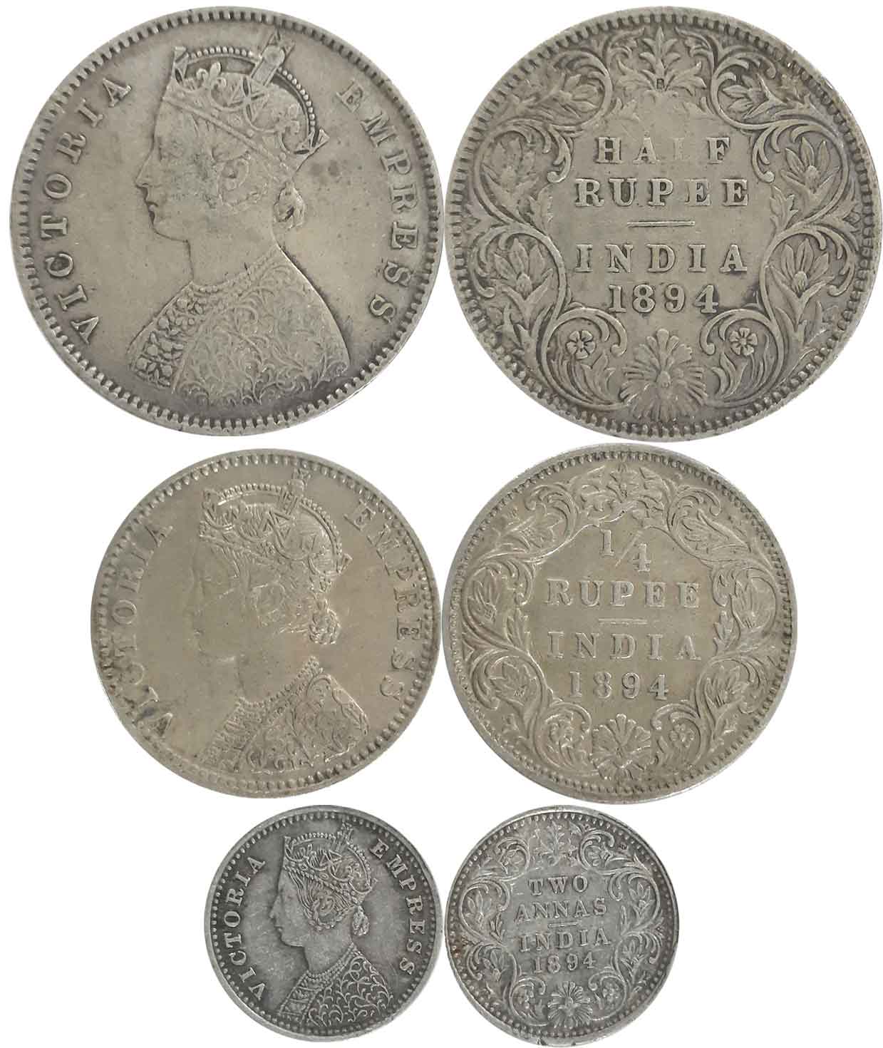 Victoria Empress, Complete set of 3 coins, 1894, Silver, 1/2 Rupee, 1/4 Rupee & 2 Annas. V