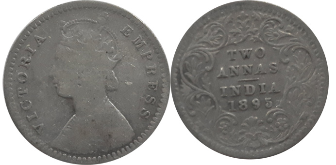 Victoria Empress, 1895, Silver 2 Annas. Fine+.