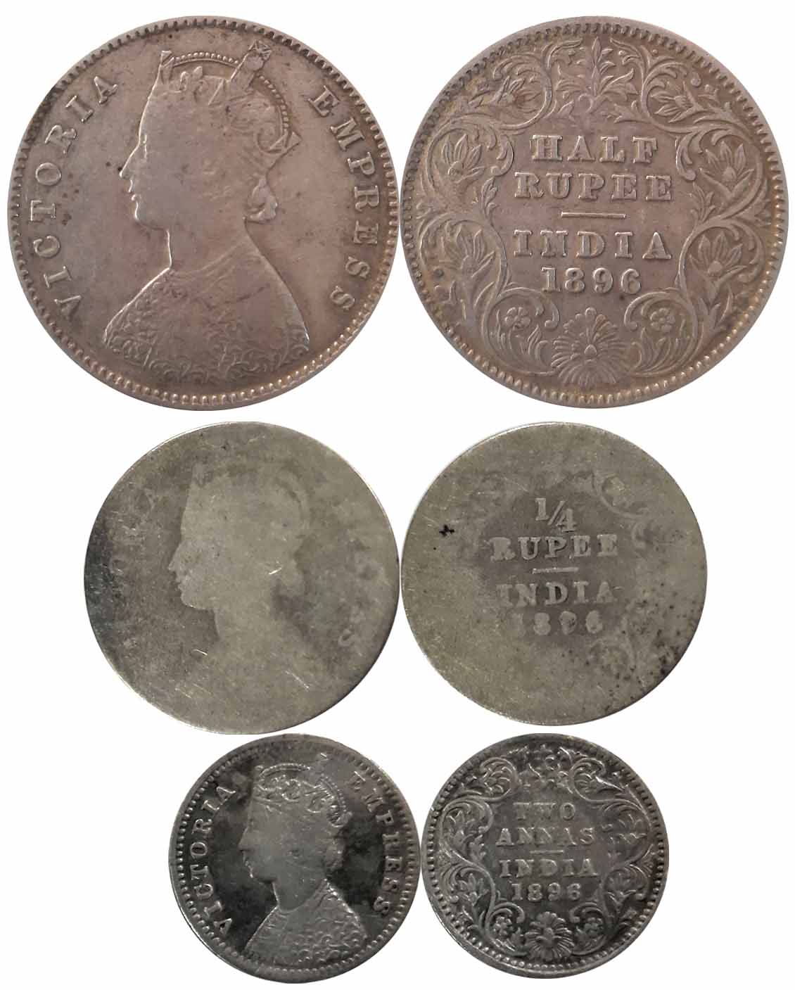 Victoria Empress, Complete set of 3 coins, 1896, Silver, 1/2 Rupee, 1/4 Rupee &amp; 2 Anna