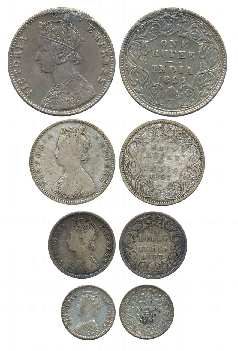 Victoria Empress, Complete set of 4 coins, 1897, Silver, Rupee (Remove from Hook), 1/2 Rup