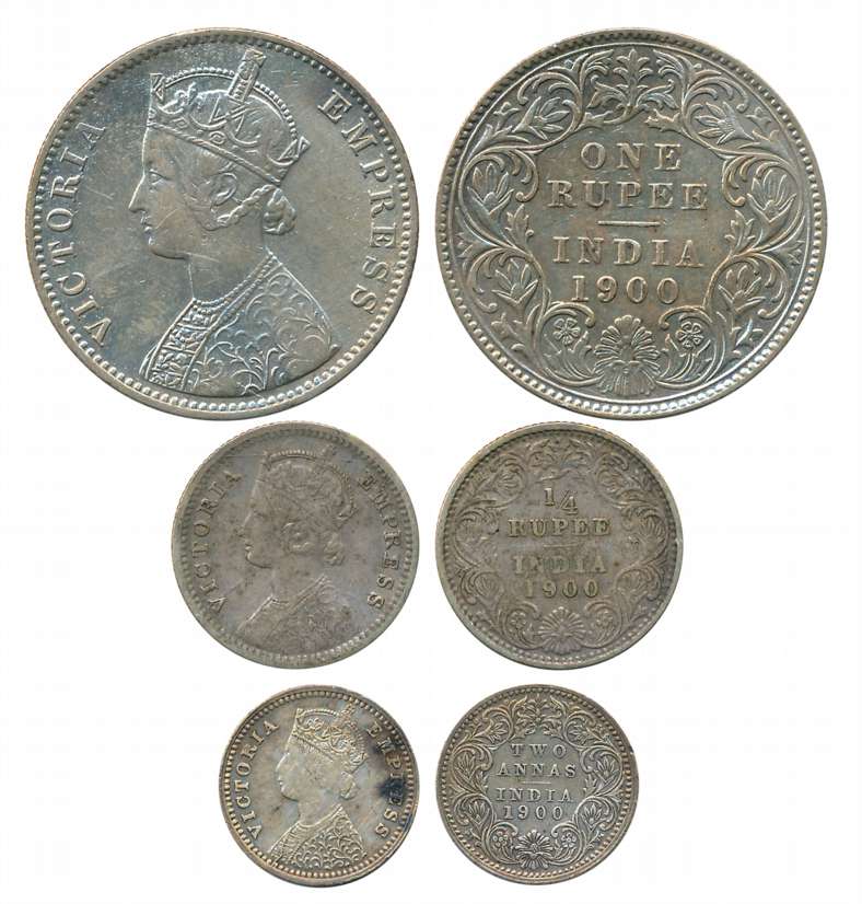 Victoria Empress, Complete set of 3 coins, 1900, Silver, Rupee, 1/4 Rupee & 2 Annas. Very 